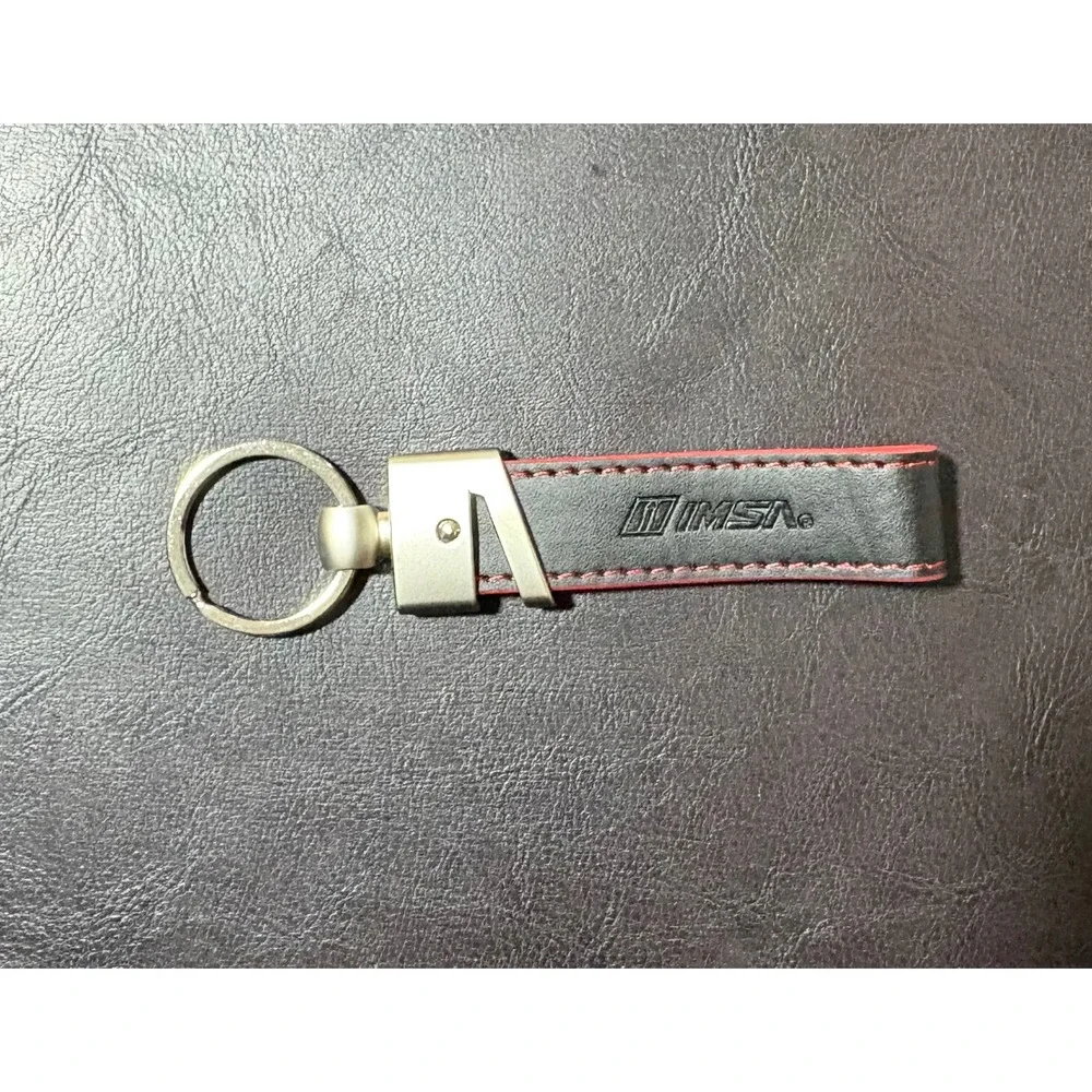 IMSA Leather Keychain Black Red Stitching Racing Automotive Key Ring Accessory